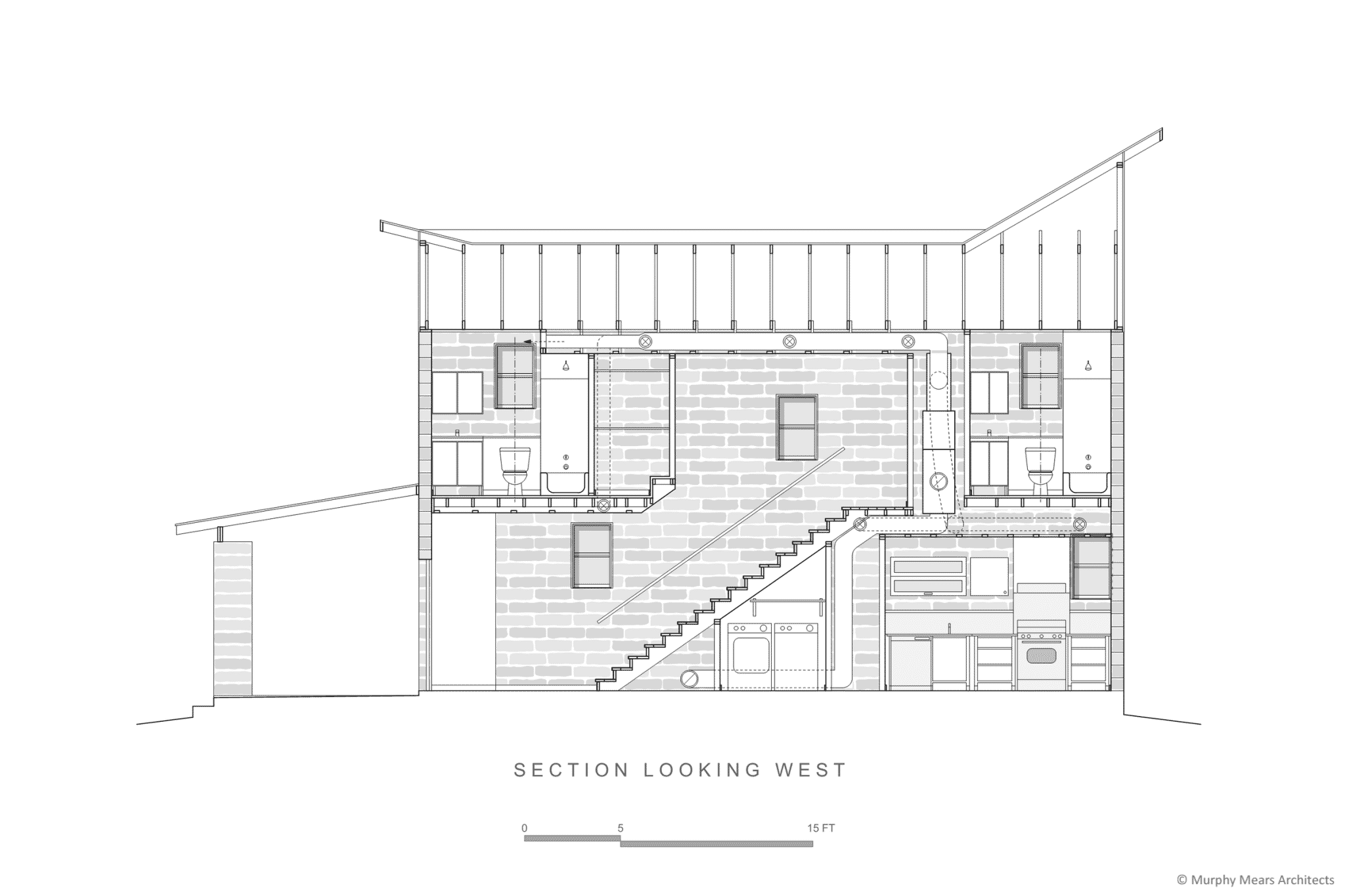 Section through stair showing efficient integration of mechanical and plumbing services on wet-wall of residence.