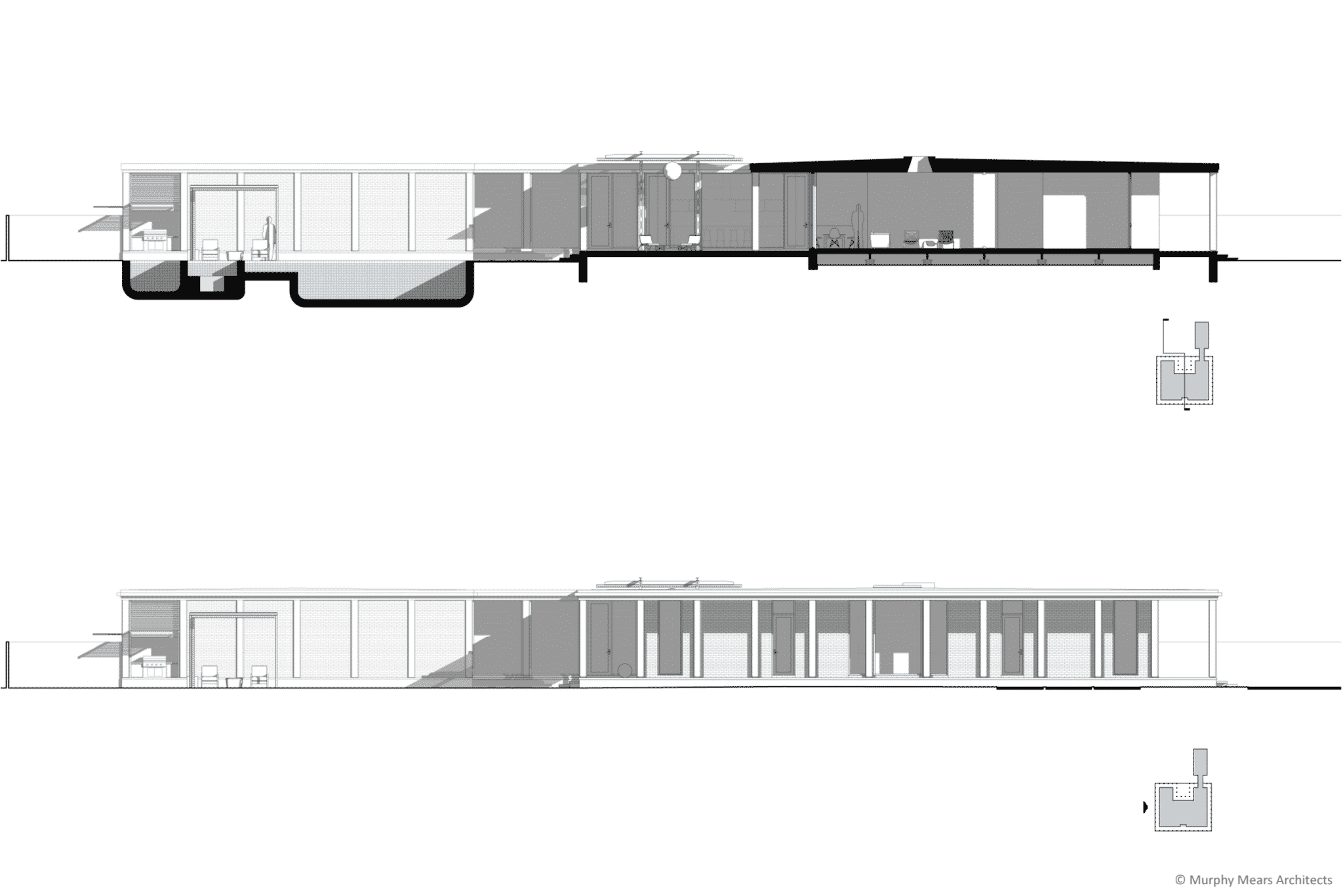 Side elevation, and longitudinal section through the entry, living room, upper terrace and pool terrace.