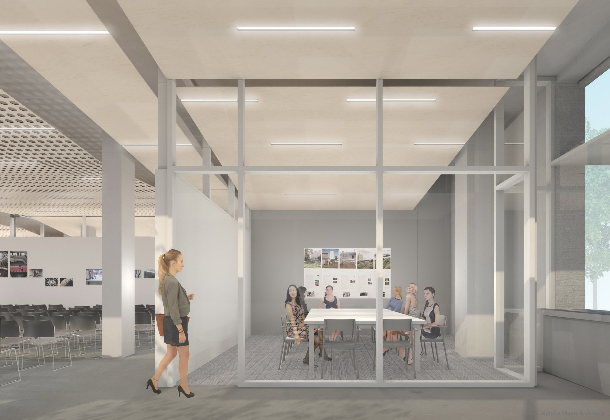 Architecture Center Houston - Competition Rendering - Operable partition closed to form two medium sized conference rooms.