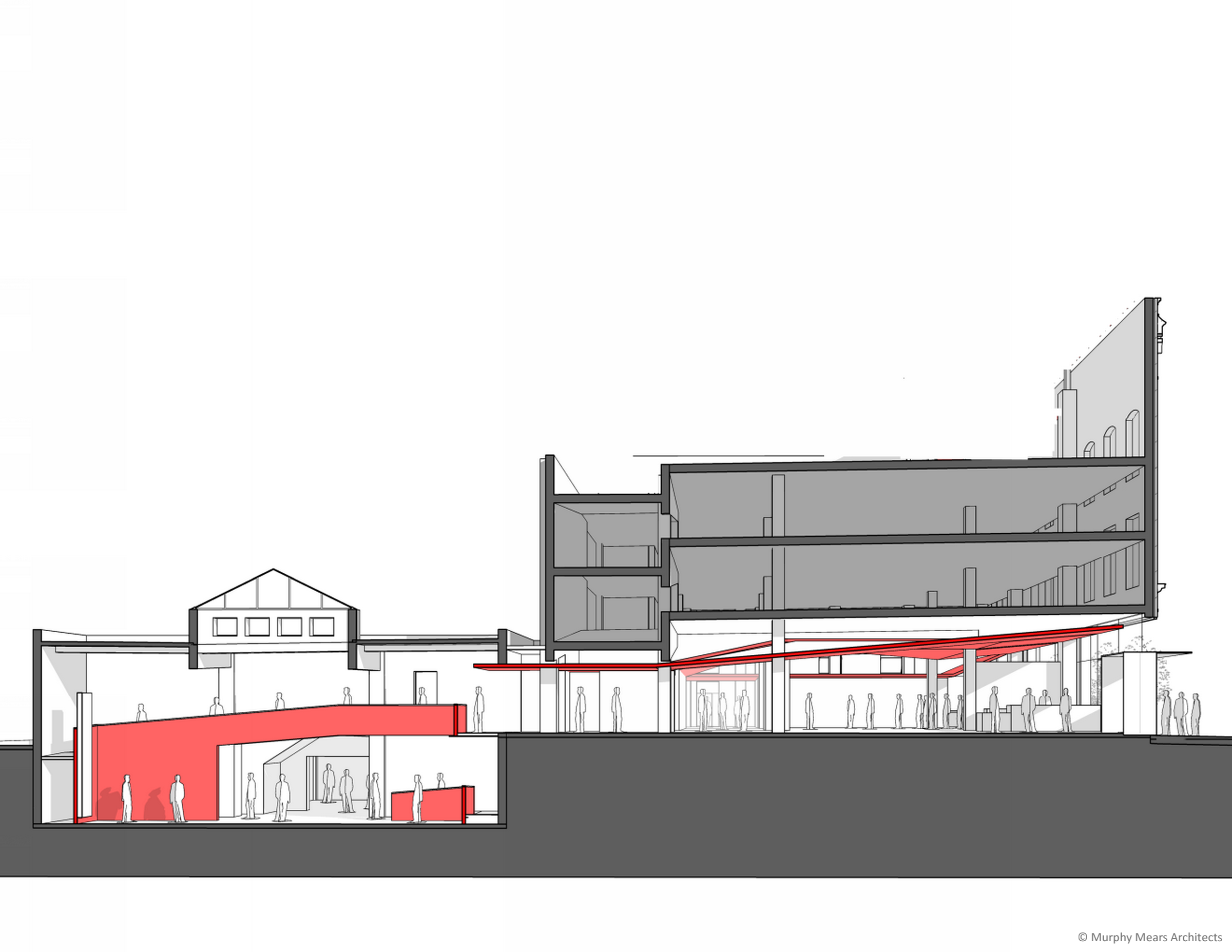 Architecture Center Houston - Competition Drawing - Overall Building Section through street-front Phase I and Boiler Room Phase II.