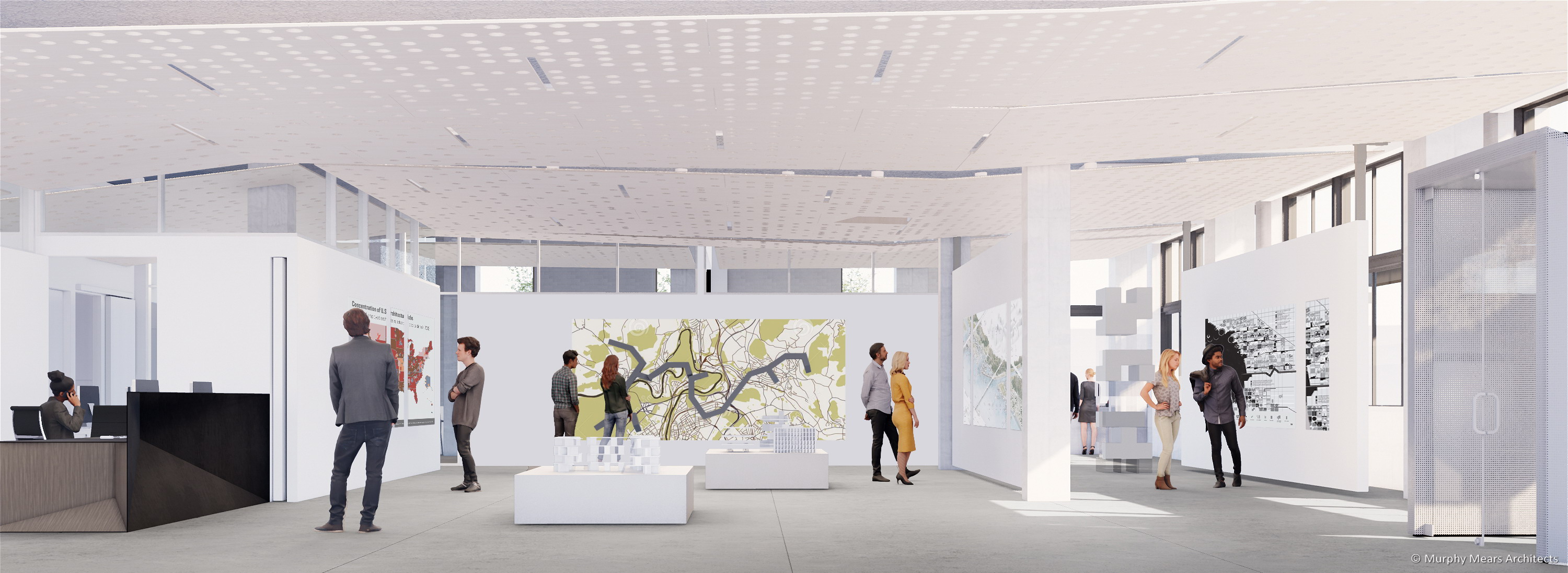 Architecture Center Houston rendering - Street level flexible space with an architectural exhibition.