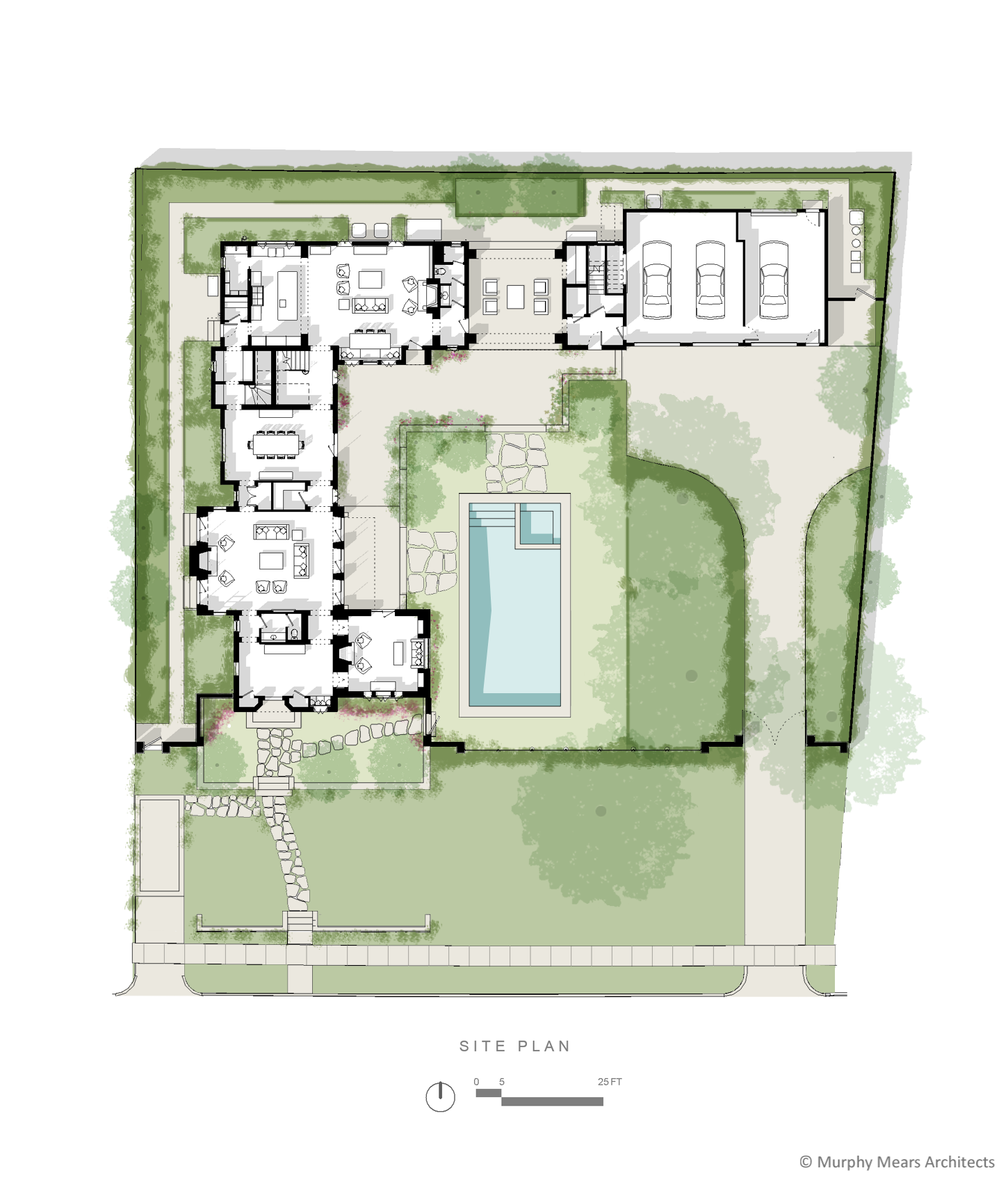 Courtyard House - Site Plan showing the public entry and private drive separated on opposite sides of the site by a central outdoor space.